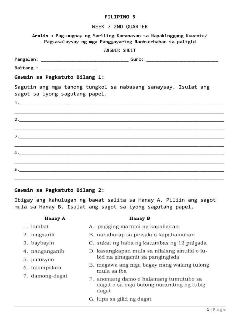 Filipino 5 Week 7 Answer Sheet by Sir Ray L., Marasigan | PDF
