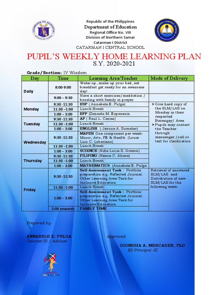 Pupil S Weekly Home Learning Plan Department Of Education Pdf