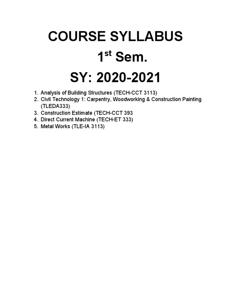 Course Syllabus 1 Sem. SY: 2020-2021 | PDF | Technology & Engineering