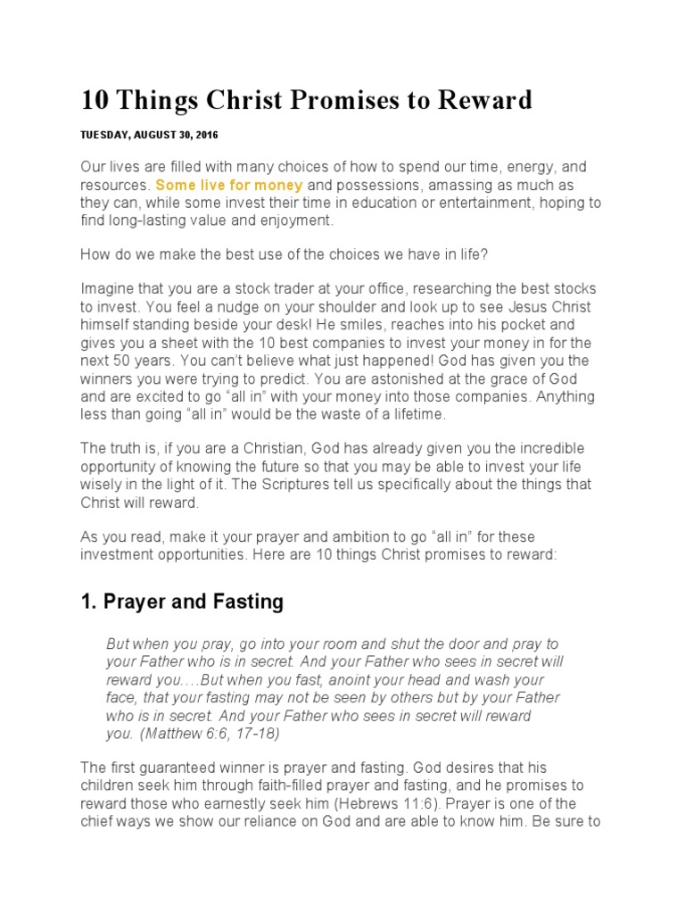 10 Things Christ Promises To Reward | PDF | Grace In Christianity ...