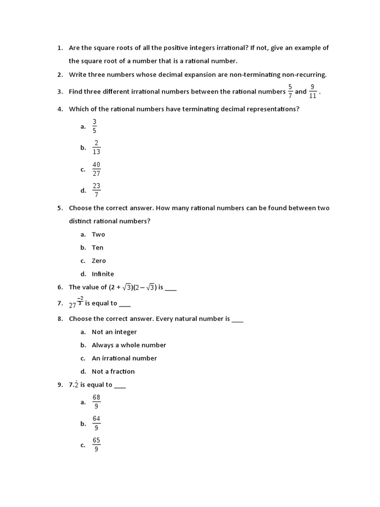 Test Paper Chapter 1 Pdf Numbers Rational Number