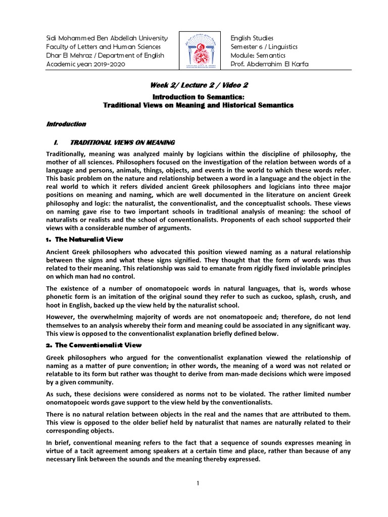 Traditional Views on Meaning in Semantics | PDF | Semantics | Linguistics