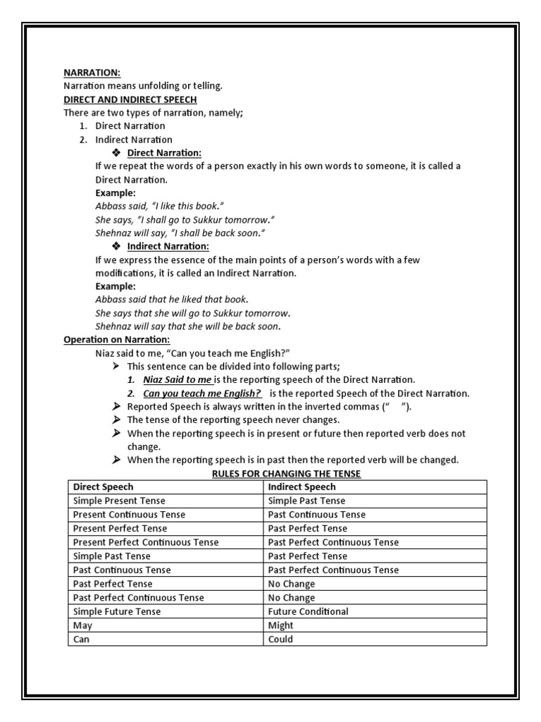 Narration: Direct and Indirect Speech | PDF | Question | Grammatical Tense