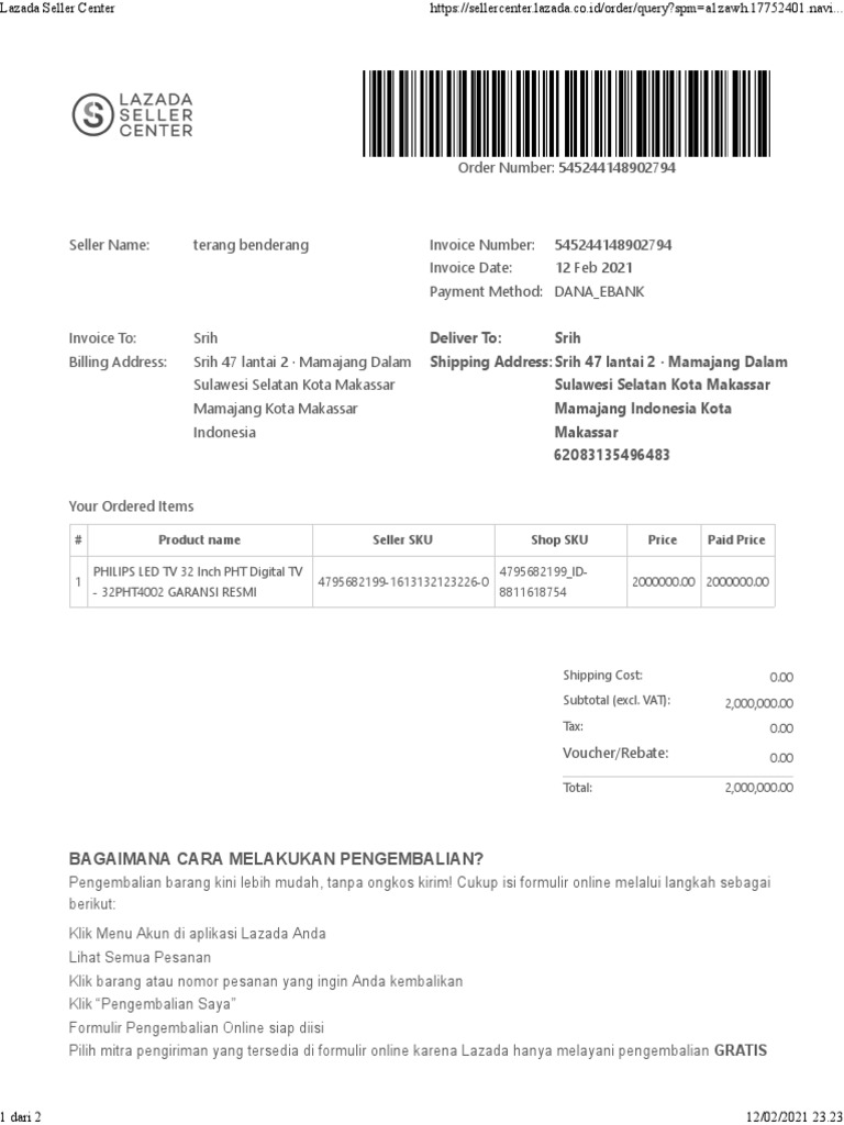 Panduan Pengembalian Barang Lazada | PDF