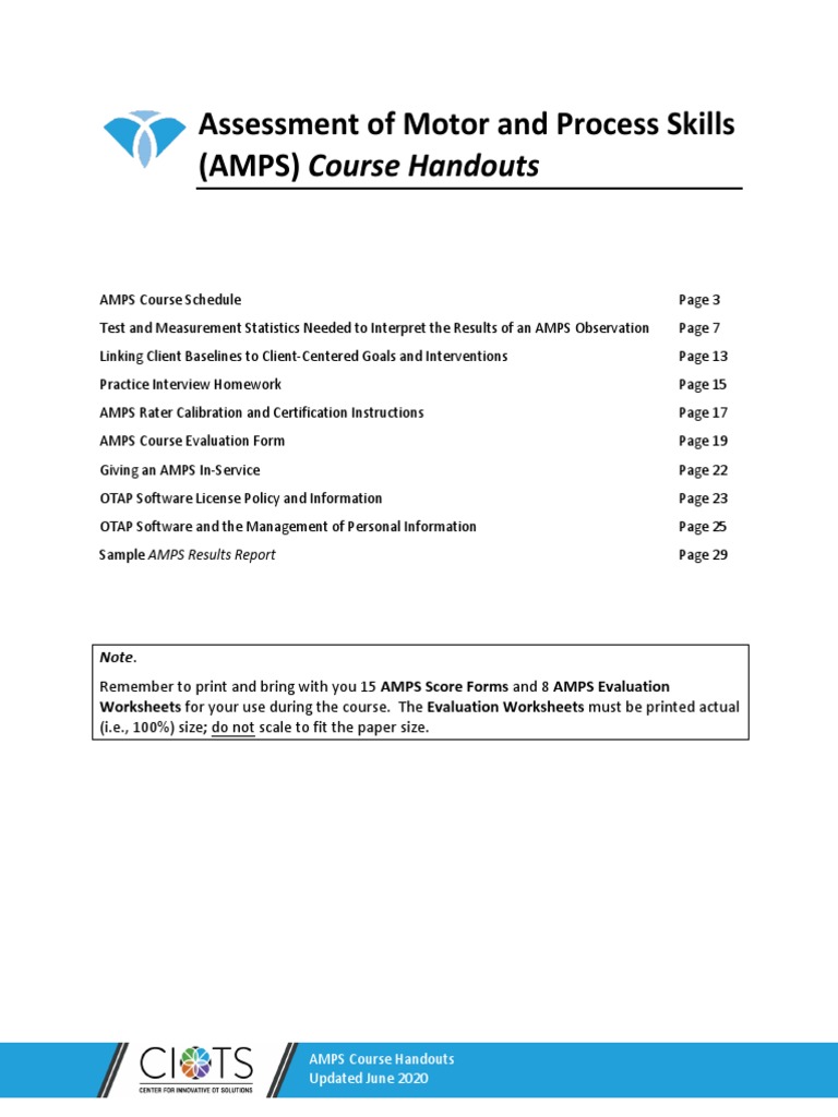 Amps Course Handouts PDF Occupational Therapy Standard Score