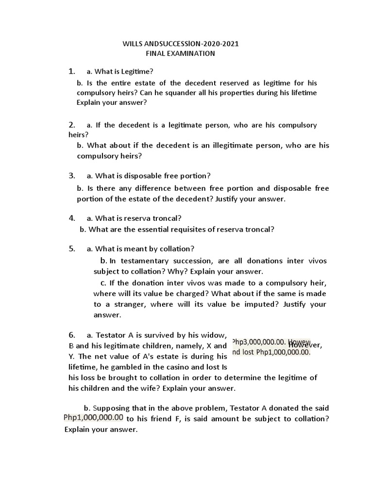 Wills and Succession Exam Questions | PDF | Will And Testament | Wills ...