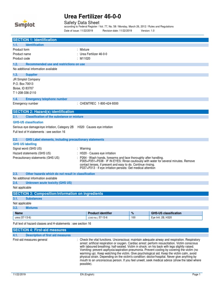 Urea Fertilizer 4600 Safety Data Sheet PDF Firefighting Toxicity