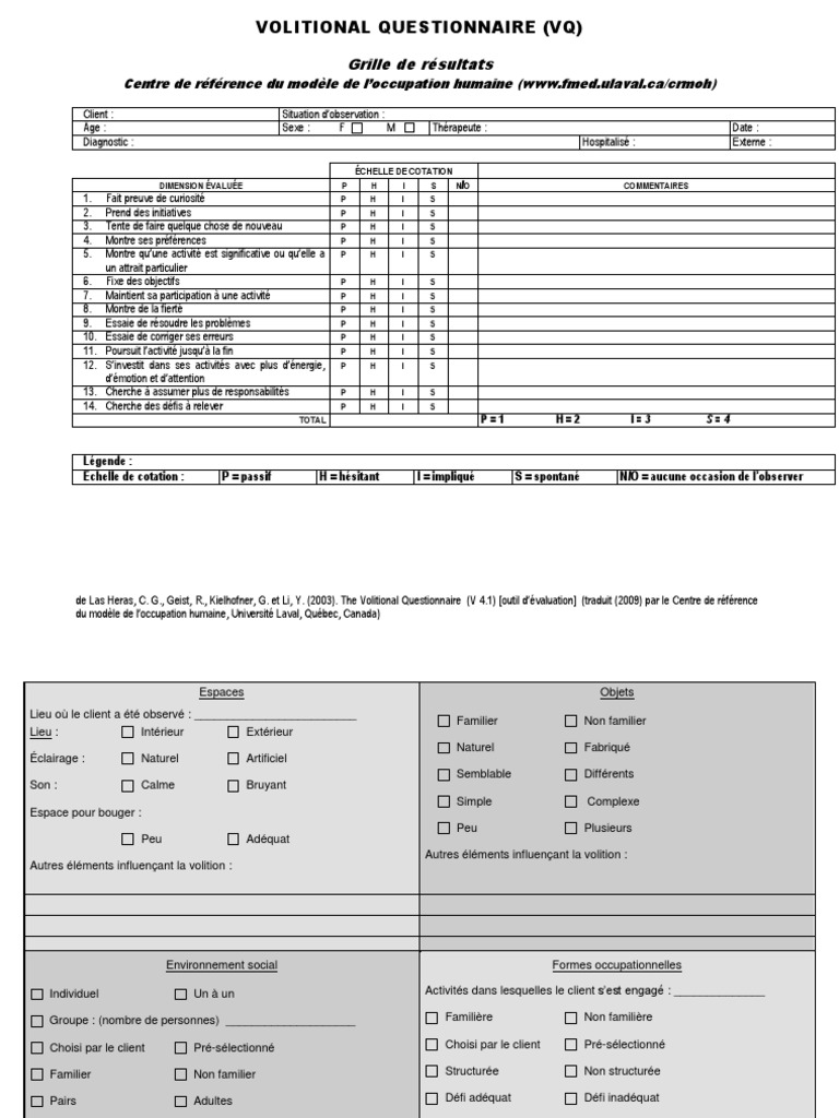 Questionnaire de Volition (VQ) - Évaluation | PDF | Science | Science ...