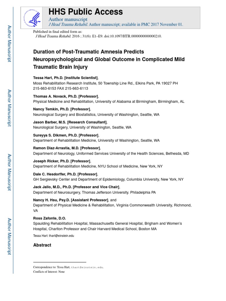 Duration of Post-Traumatic Amnesia Predicts Neuropsychological and ...