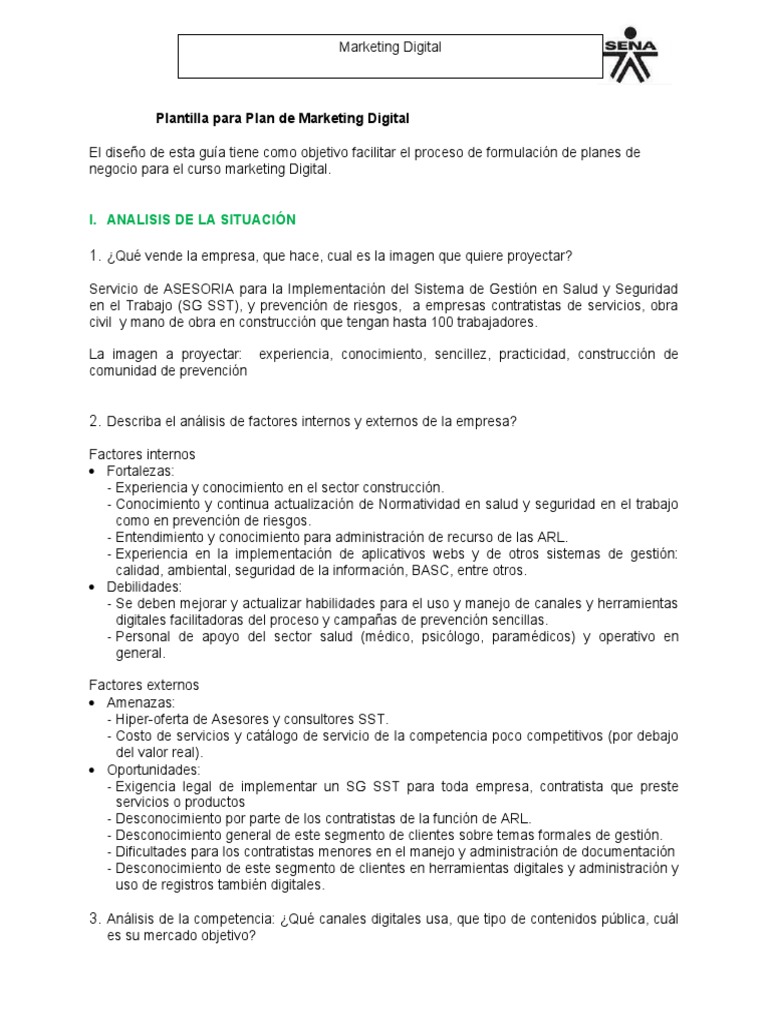 Plantilla para Plan de Marketing Digital | PDF | Marketing | Business