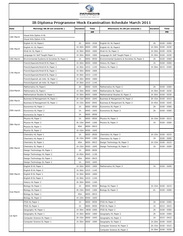 IB Diploma Mock Exam Schedule 2011 | PDF | Educational Assessment And ...