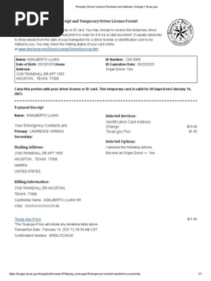 Receipt _ Driver License Renewal and Address Change _ Texas.gov