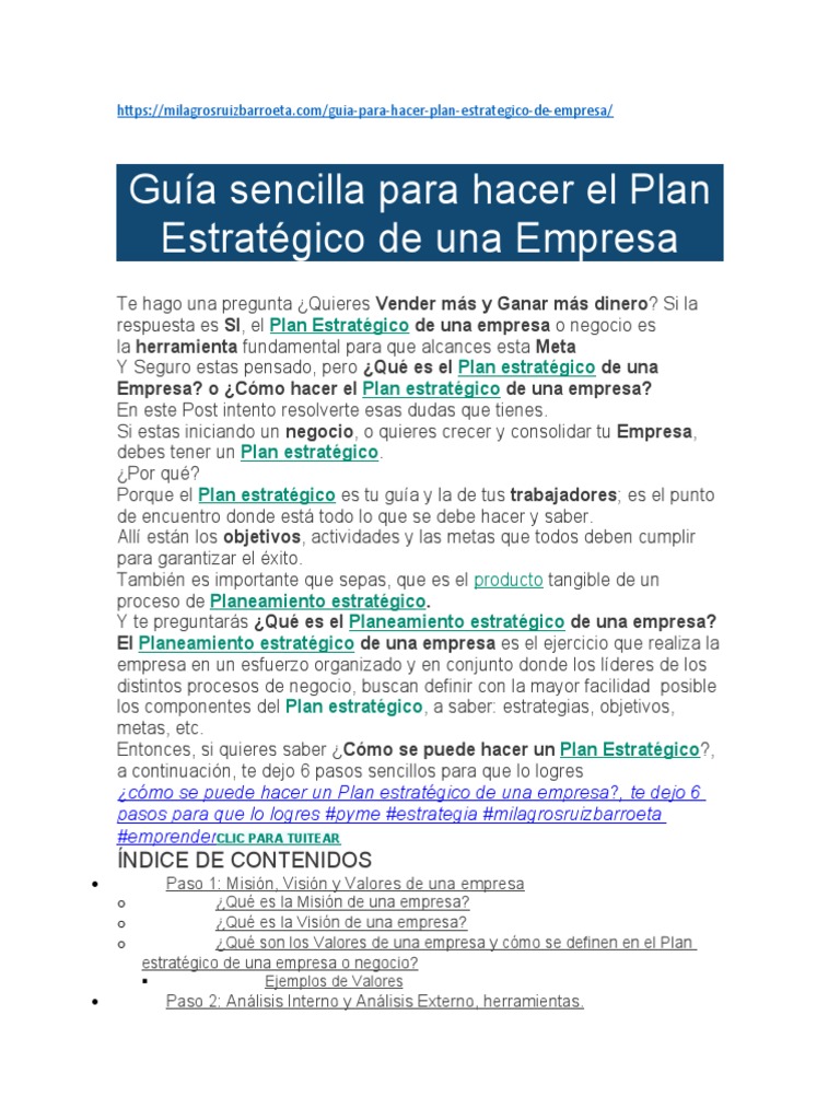 Guía Sencilla para Hacer El Plan Estratégico de Una Empresa | Descargar ...
