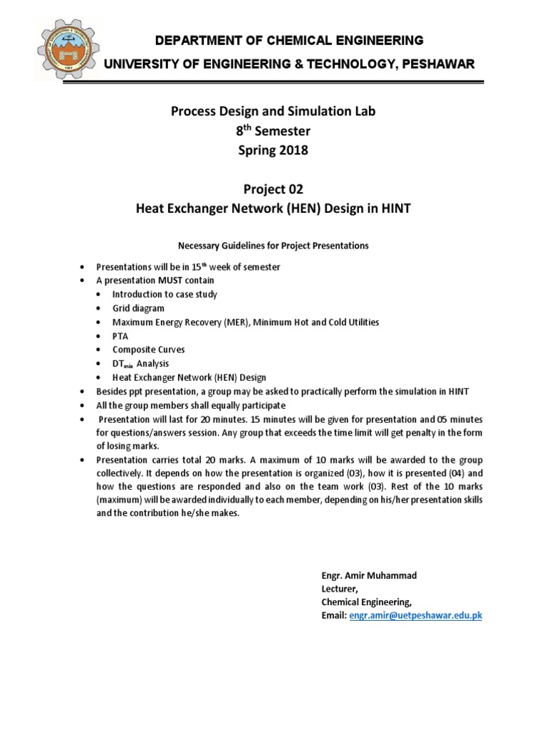 Process Design and Simulation Lab 8 Semester Spring 2018 Project 02 ...