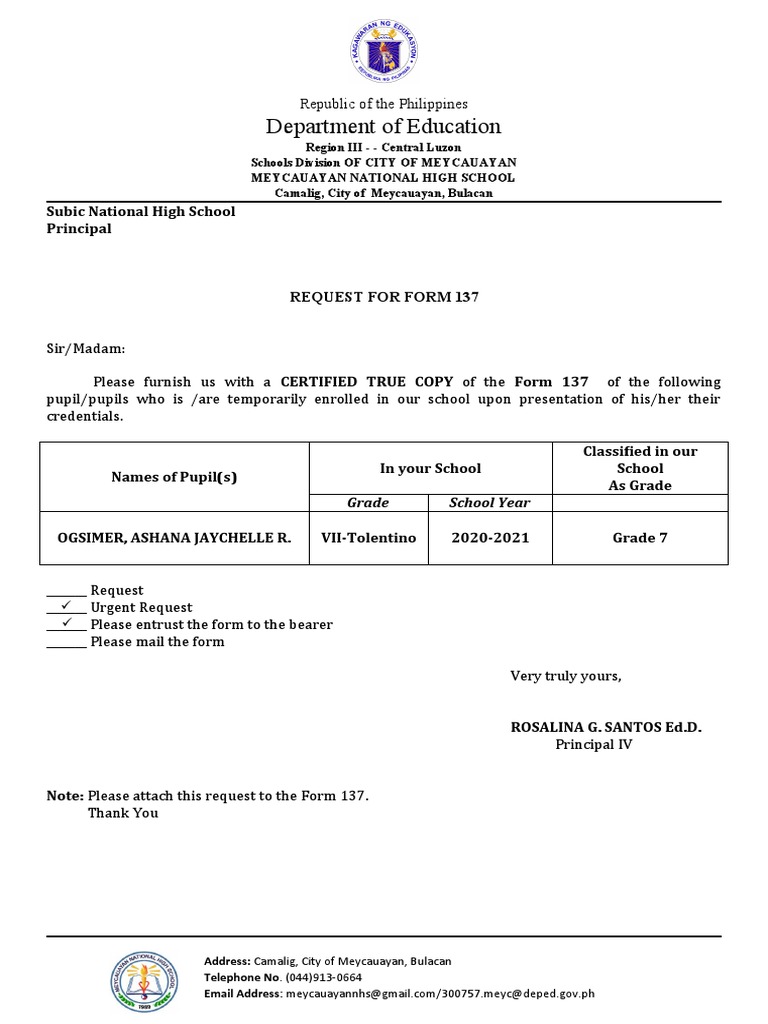 Request for Form 137 at Meycauayan High | PDF