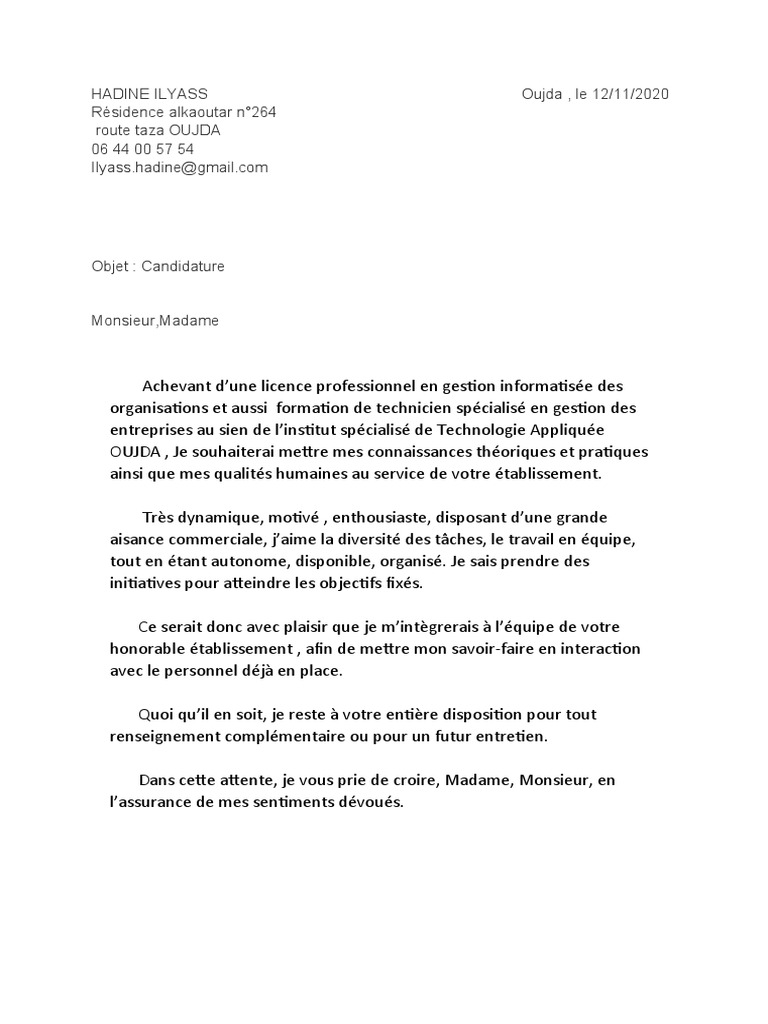 Je Reste A Votre Entiere Disposition Pour Tout Renseignement Complementaire Lettre de Motivation | PDF