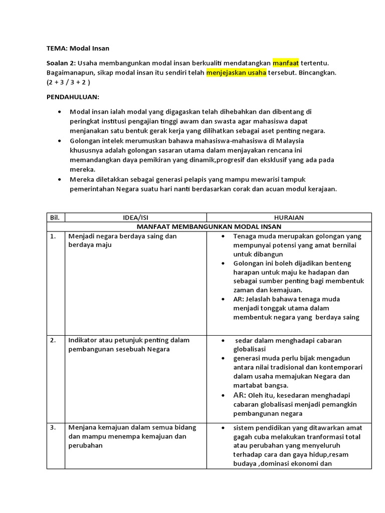 Tema Modal Insan Soalan 2 Usaha Membangunkan Modal Insan Berkualiti Mendatangkan Manfaat Tertentu Pdf