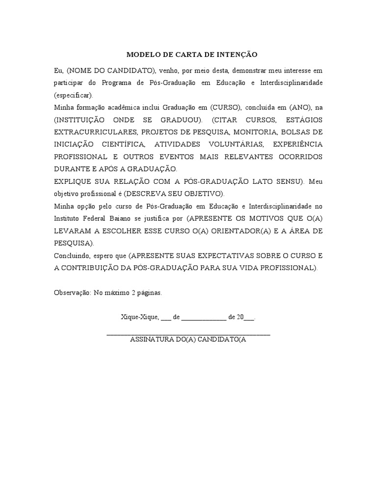 Modelo de Carta de Intenção para Pós-Graduação | PDF | Negócios