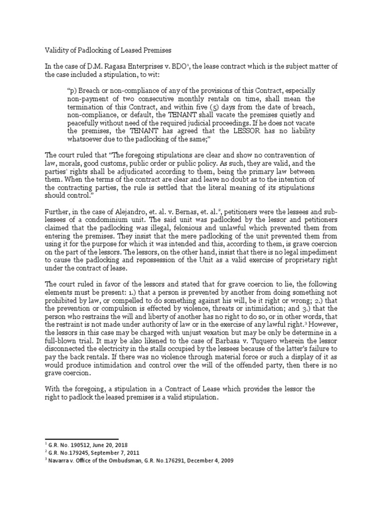 Validity of Padlocking Leased Premises | PDF | Lease | Common Law