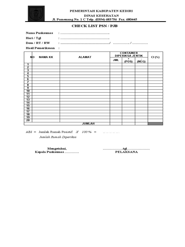 Checklist PSN PJB Dinas Kesehatan Kediri | PDF