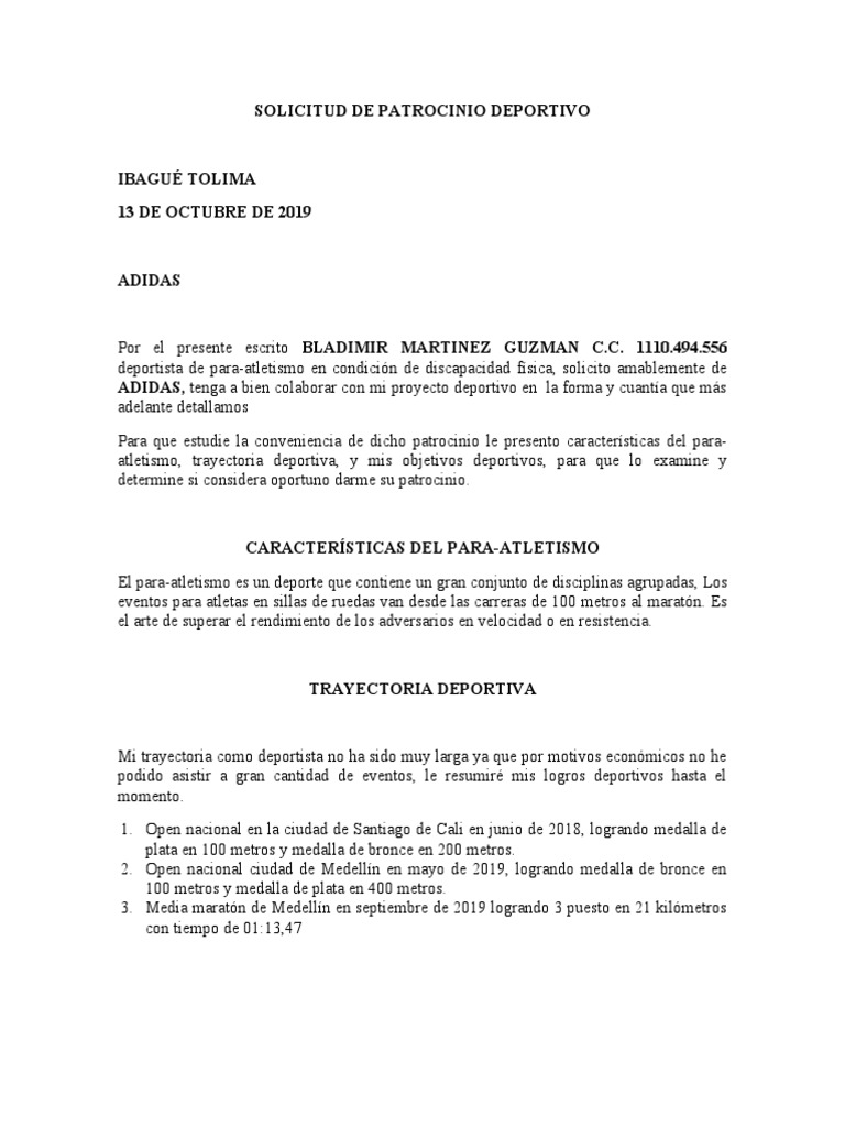 Solicitud Patrocinio Deportivo Adidas PDF | Patrocinador (Comercial) Deportes