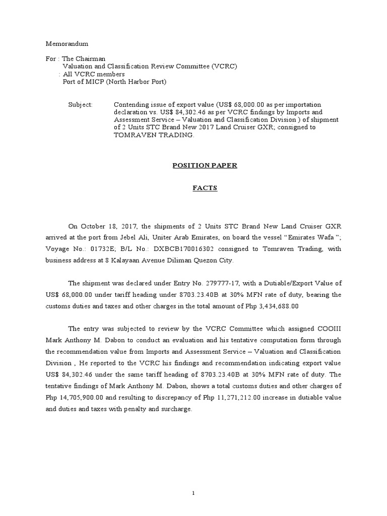 Position Paper | PDF | Customs | Tariff