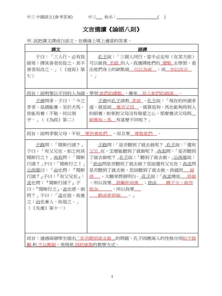 論語5 8則 參考答案 Pdf
