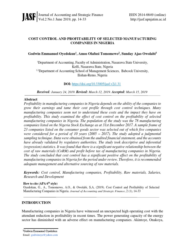 24 Articulos Cost Control and Profitability of Selected Manufacturing
