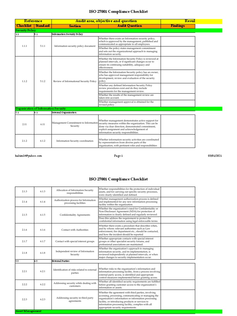 ISO 27001 Compliance Checklist Reference Audit Area, Objective and ...