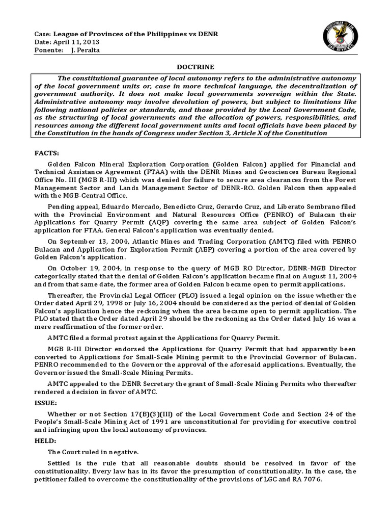League of Provinces Vs DENR | PDF | Devolution | Constitutionality