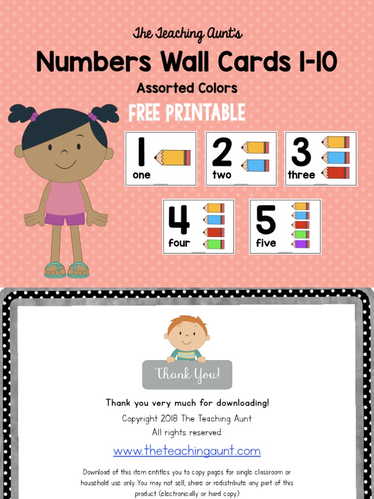 Numbers Wall Cards 1 10 Assorted Colors Free Printables The Teaching Aunt |  PDF