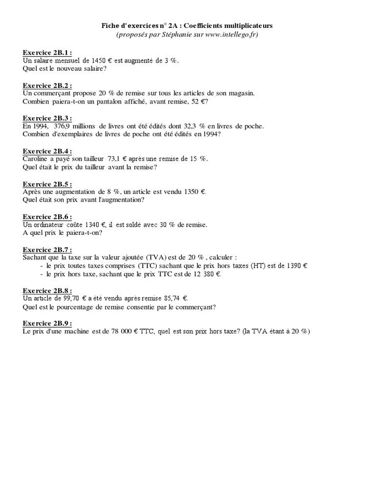 évaluation Pourcentage 6ème Avec Corrigé Pdf Chap 05 - Ex 2B - Coefficients Multiplicateurs - CORRIGE | PDF | Taxe sur  la valeur ajoutée | Pourcentage