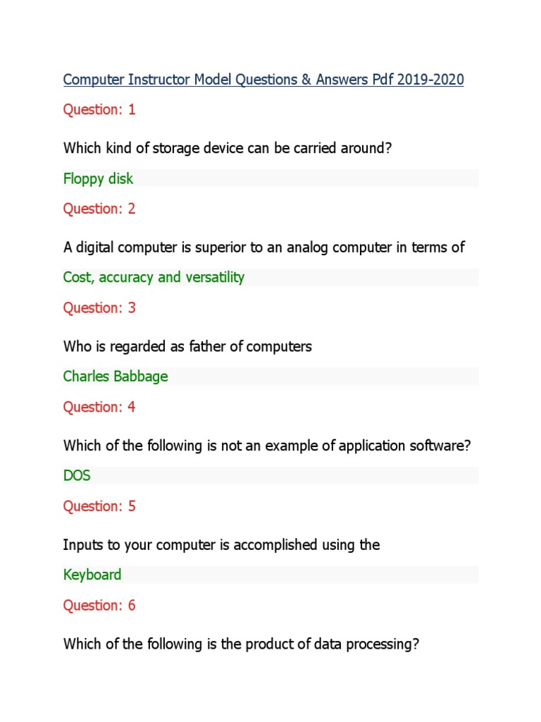 Computer Instructor Model Questions & Answers PDF 20192020 Floppy