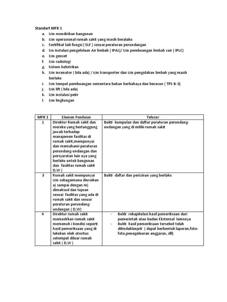 Elemen Penilaian MFK 1 Rumah Sakit | PDF