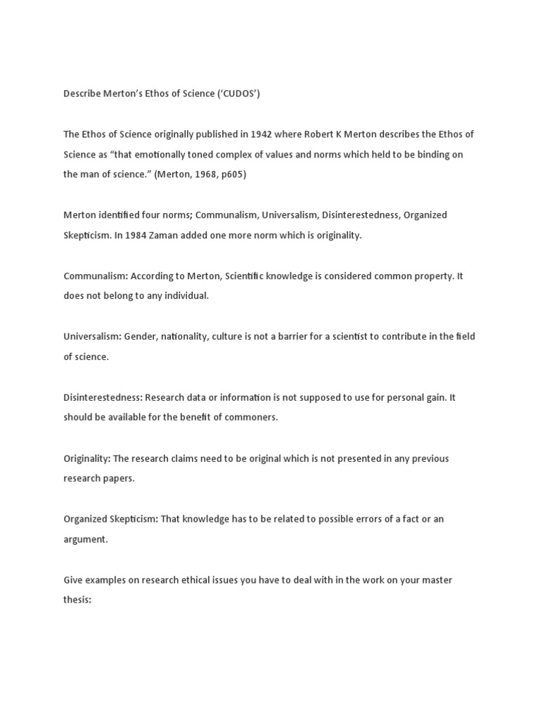 Merton's CUDOS Norms in Science Ethics | PDF | Science | Human Nature
