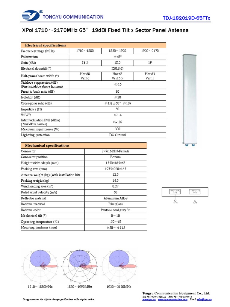 XPol 65° 19dBi Panel Antenna Specs | PDF | Antenna (Radio) | Decibel