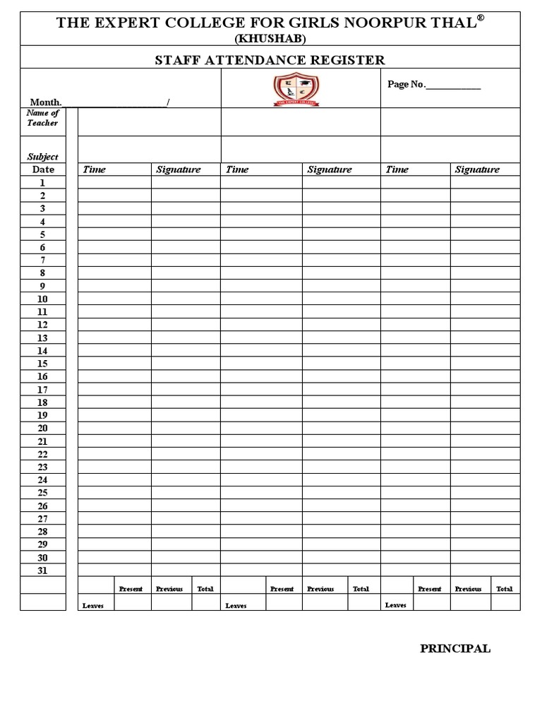 Staff Attendance Register for Teachers | PDF