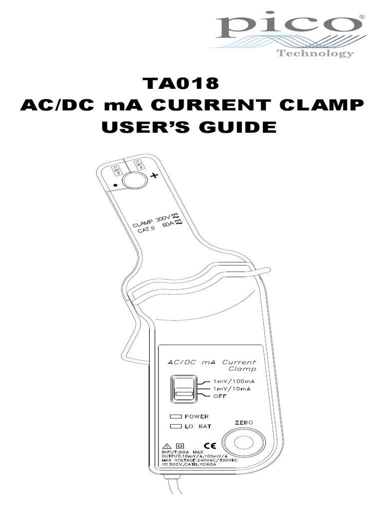 Ac/Dc Ma Current Clamp User'S Guide TA018 Clam P30 0V 60A Cat. II