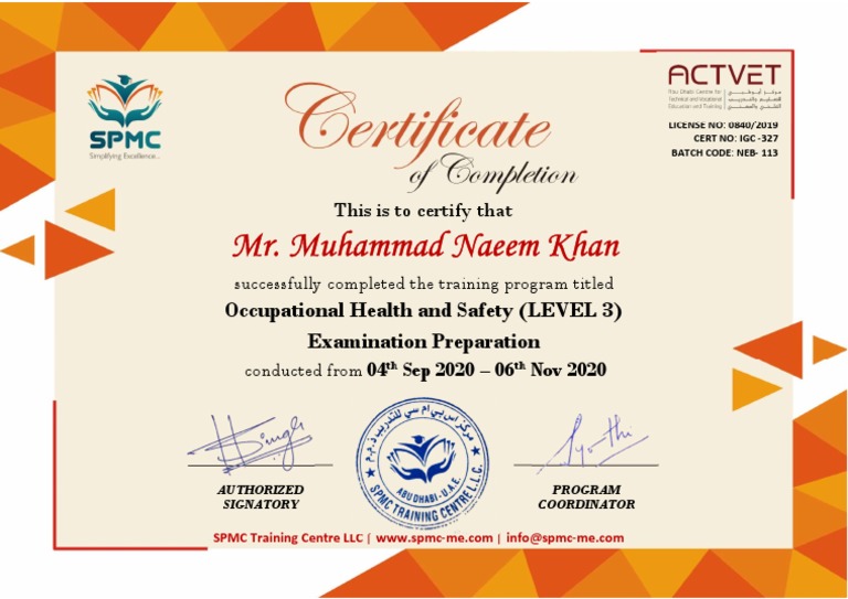 SPMC Occupational Health Training Certificate | PDF | Business