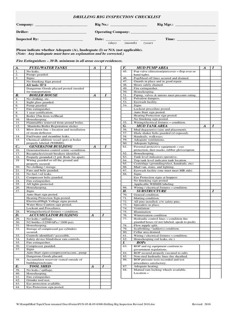 Drilling Rig Inspection Checklist | PDF | Drilling Rig | Electrical Wiring