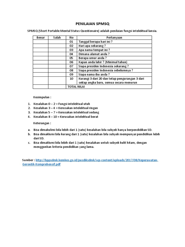 Penilaian SPMSQ untuk Lansia | PDF | Pengembangan Diri