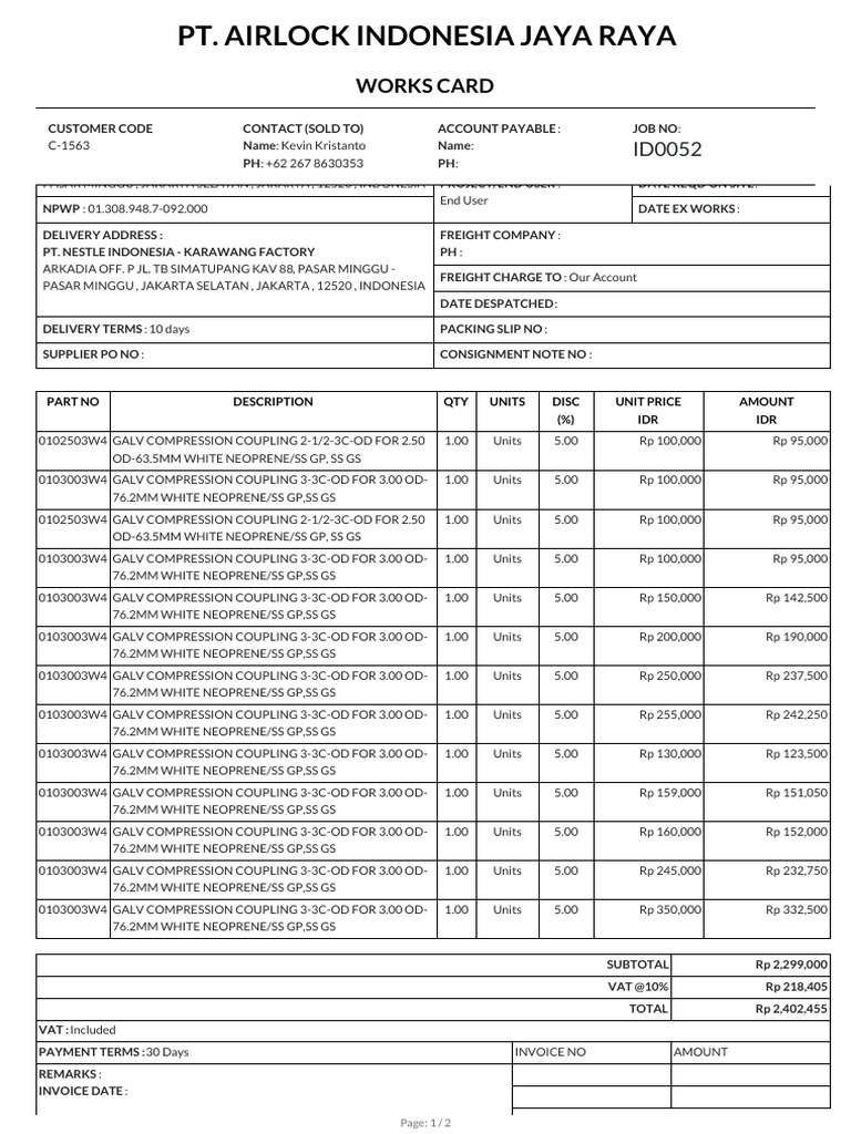 Works Card: Part No Description QTY Units Disc (%) Unit Price IDR ...
