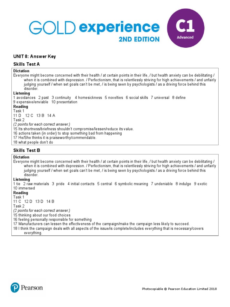 Gold Experience C1 Answer Key