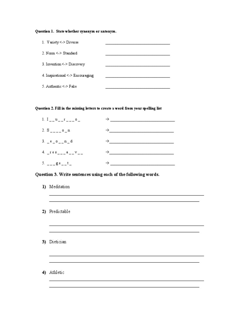 Question 1. State Whether Synonym or Antonym PDF Linguistics