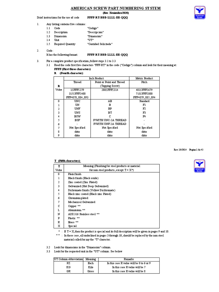 American Screw Part Numbering Guide | PDF | Screw | Galvanization