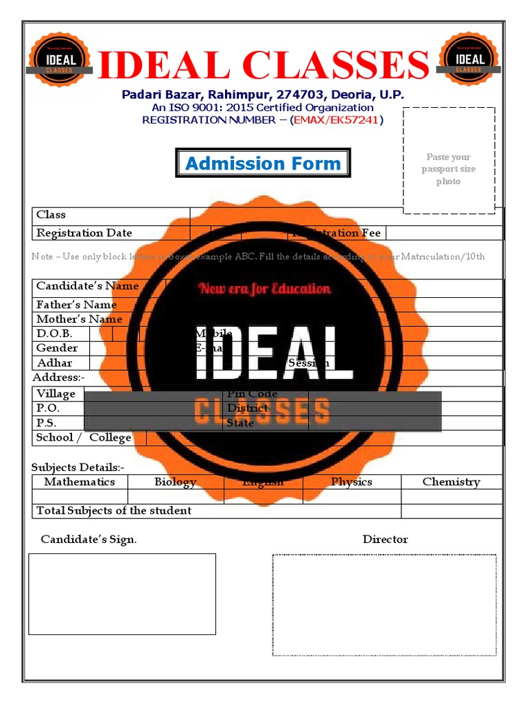 Ideal Classes Admission Form Template | PDF