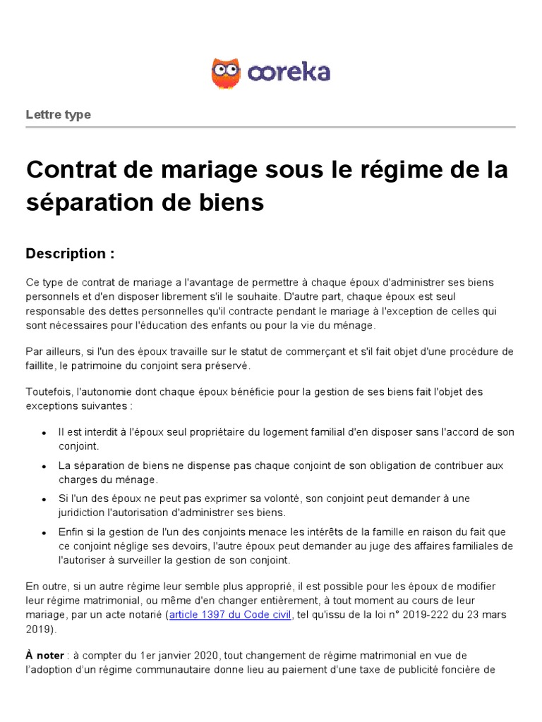 Ooreka Contrat de Mariage Sous Le Regime de La Separation de Biens