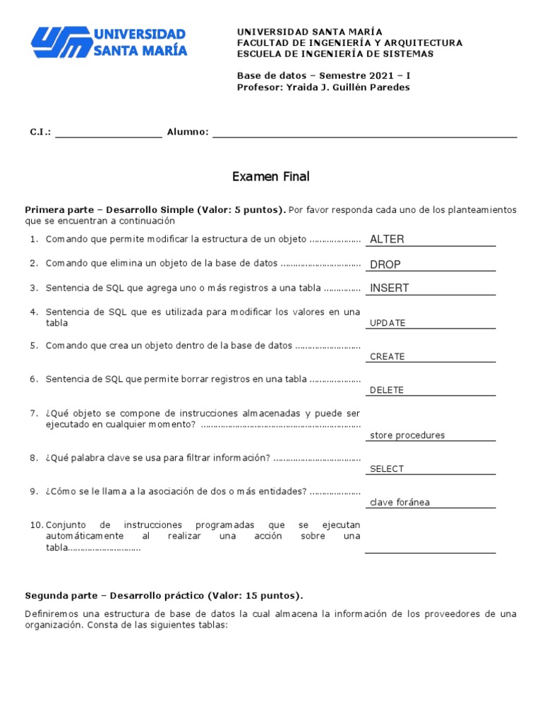 Examen Final de Bases de Datos 2021 | PDF | SQL | Gestión de tecnología ...