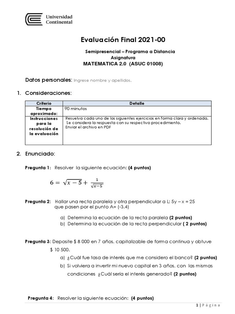 Evaluación Final Matemática 2.0 | PDF