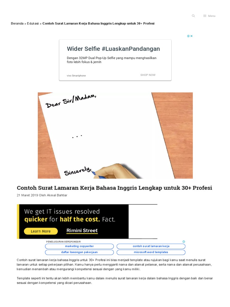 31 Contoh Surat Lamaran Kerja Bahasa Inggris Lengkap Untuk 30 Profesi Pdf